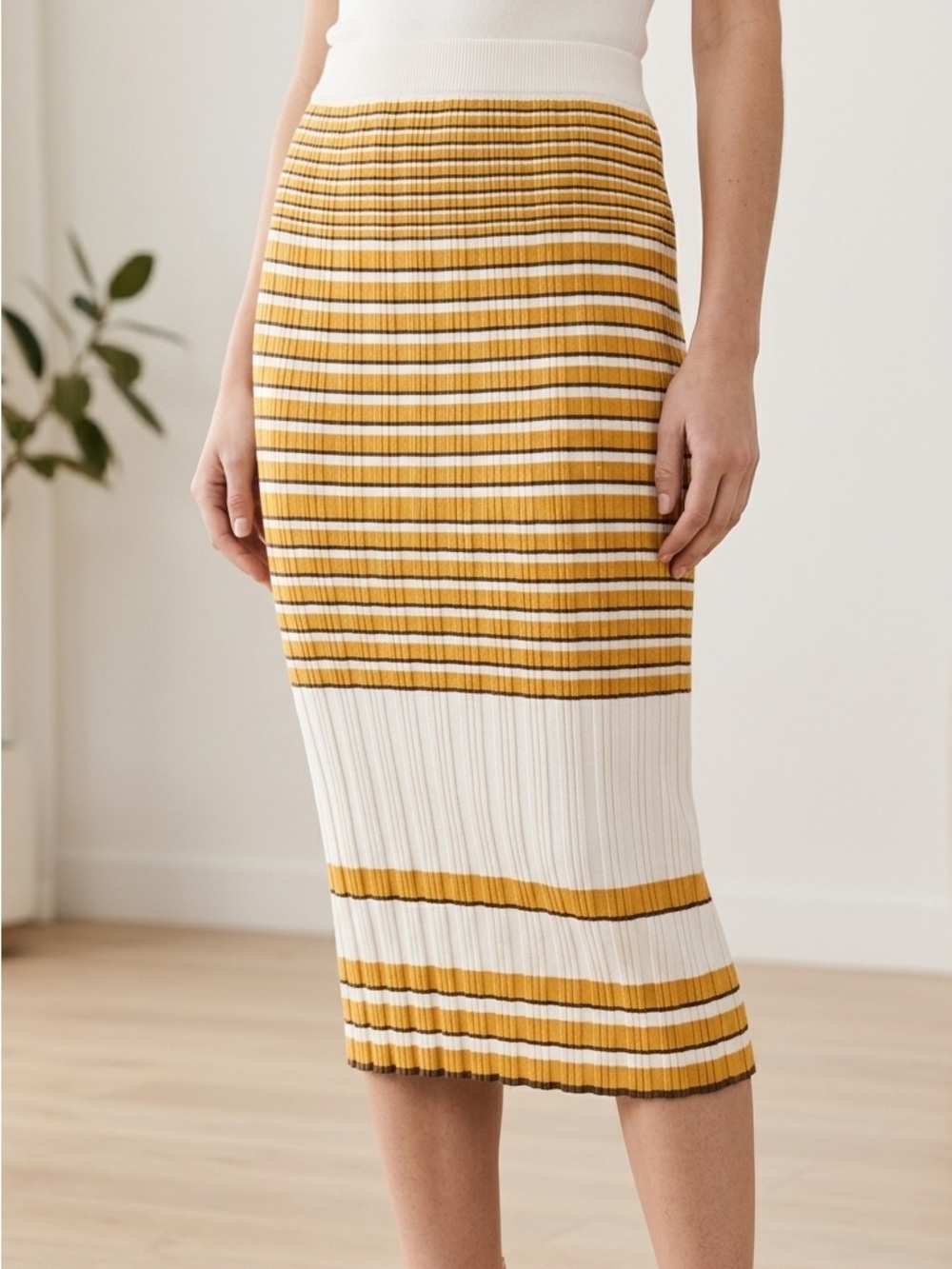 Theory Women's Amber Stripe Rib-Knit Hudson Cotton Sweater Pencil Skirt Medium